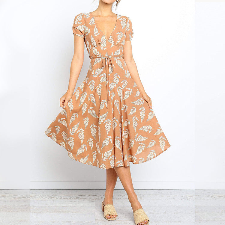 Women’s Midi Dress – Breathable Blend – A-Line Fit – V-Neck – Short Sleeve