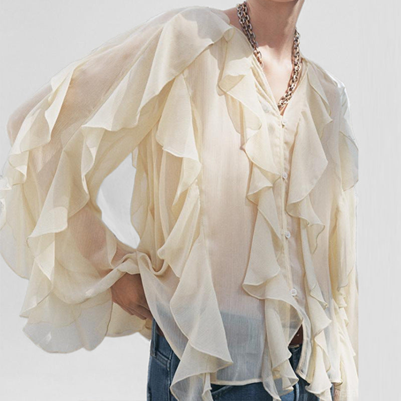 Women’s Blouse – Loose Fit – Chiffon Feel – V-Neck – Ruffle Detail – Button Down