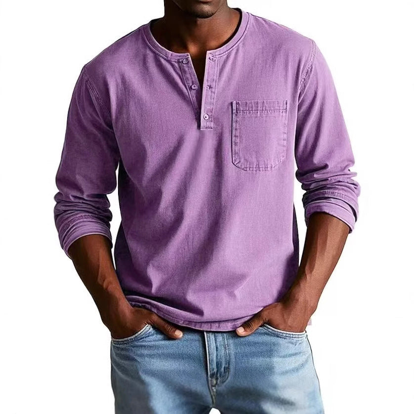 Men’s Long Sleeve T-Shirt – Slim Fit – Cotton Blend – Button Neck – Chest Pocket