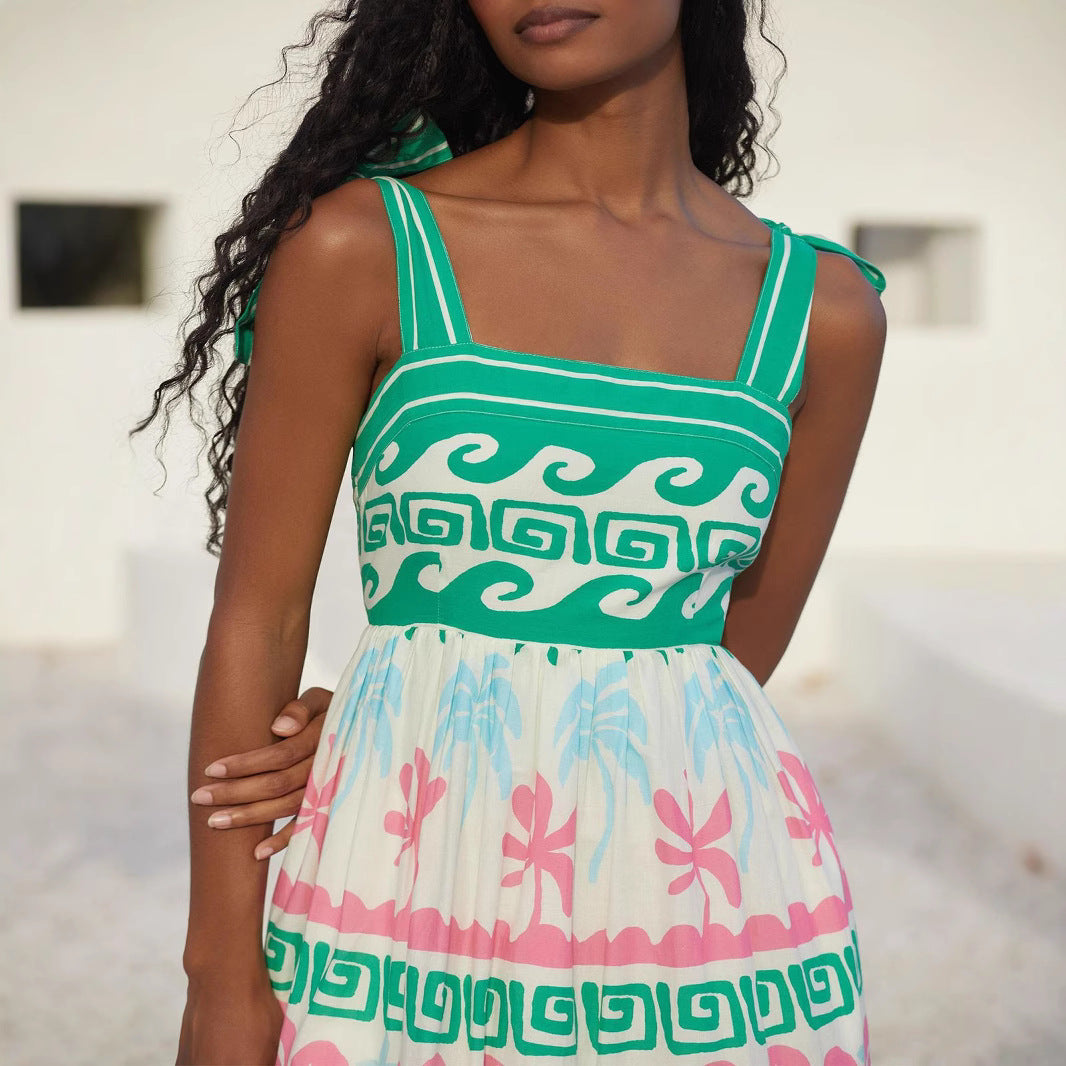 Women’s Maxi Dress – Cotton Blend – A-Line Fit – Tiered – Floral Geometric Print