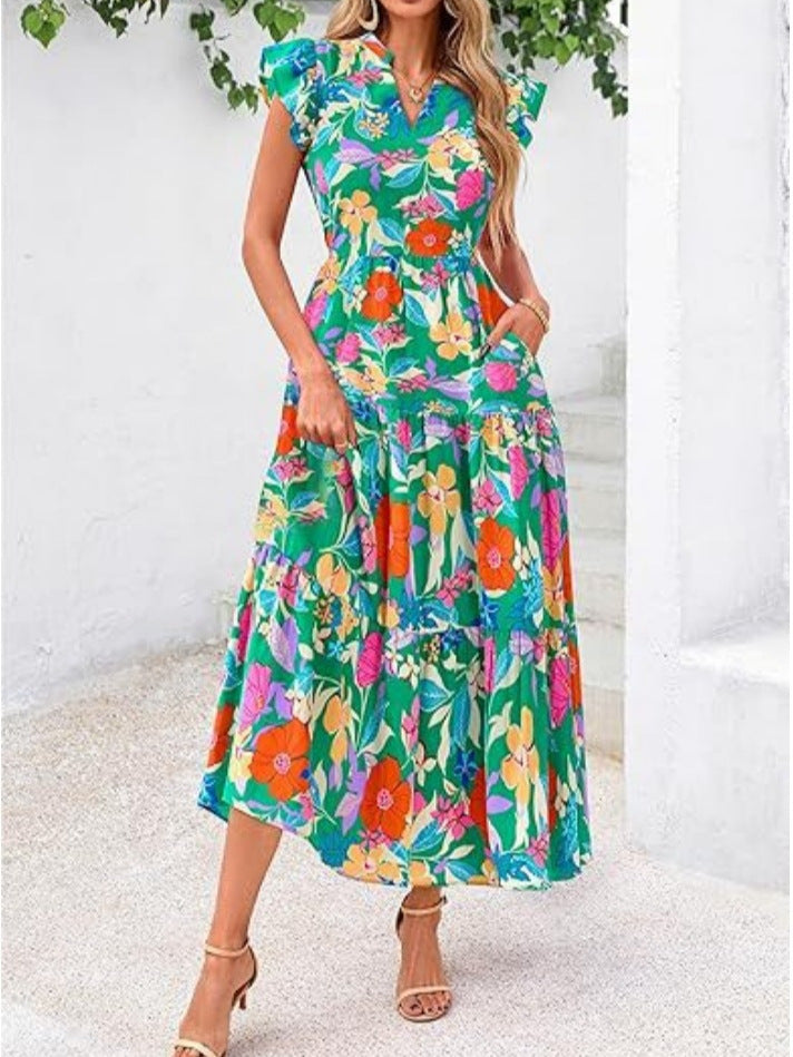 Women’s Mid-Length Dress – V-Neck – Flutter Sleeves – Relaxed Fit – Breathable Blend – Printed