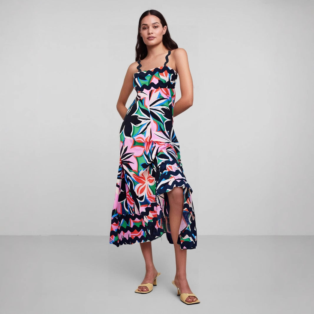 Women’s Long Dress – Floral Print – Flowing A-Line Fit – Strappy with Wavy Trim