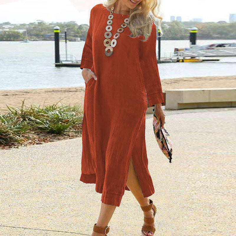 Women’s Shirt Dress – Relaxed Fit – Lightweight Woven – Long Sleeve – Midi Length
