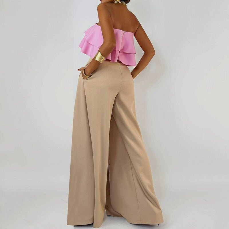 Women’s Strapless Jumpsuit – Ruffled Bodice – Wide Leg – Asymmetrical Draped Overlay