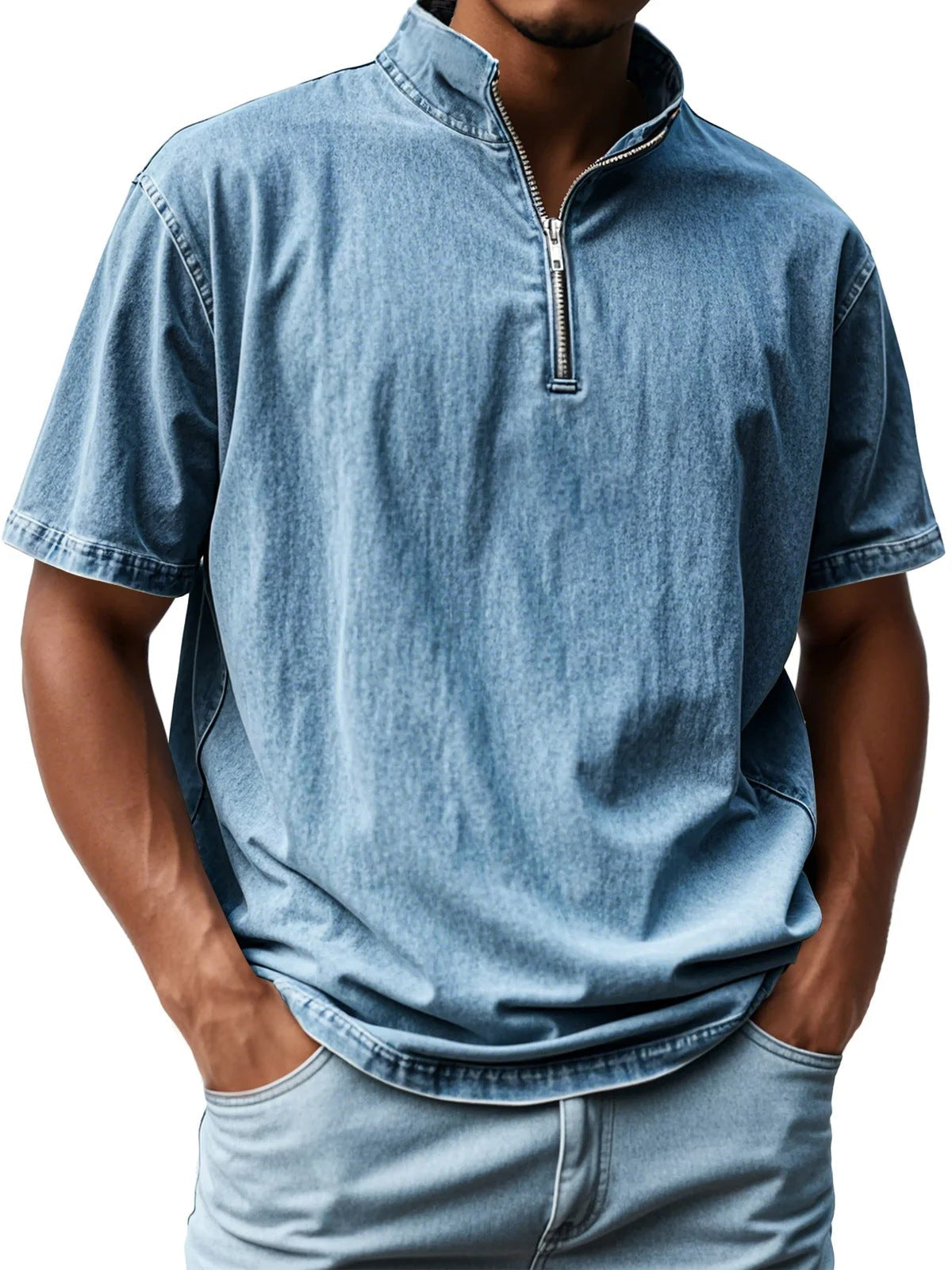 Men’s Short Sleeve Shirt – Fitted Cut – Stand Collar – Zip Front – Breathable Blend
