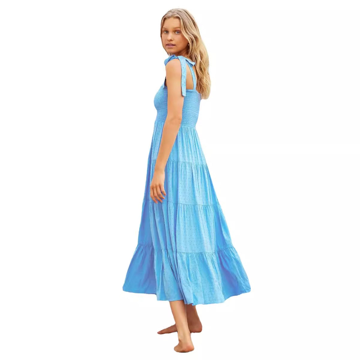 Women’s Midi Dress – Smocked Bodice – Adjustable Straps – Tiered Flowing Skirt