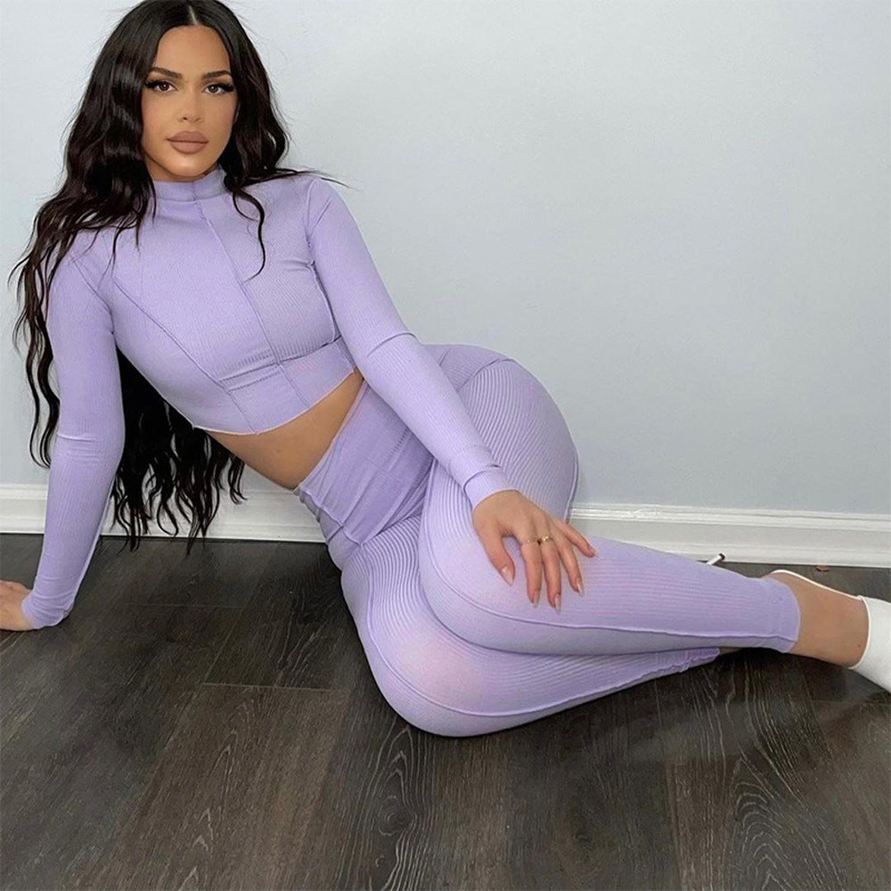 Women’s Crop Top and Leggings Set – Ribbed Knit – Slim Fit – High Waist – Long Sleeve
