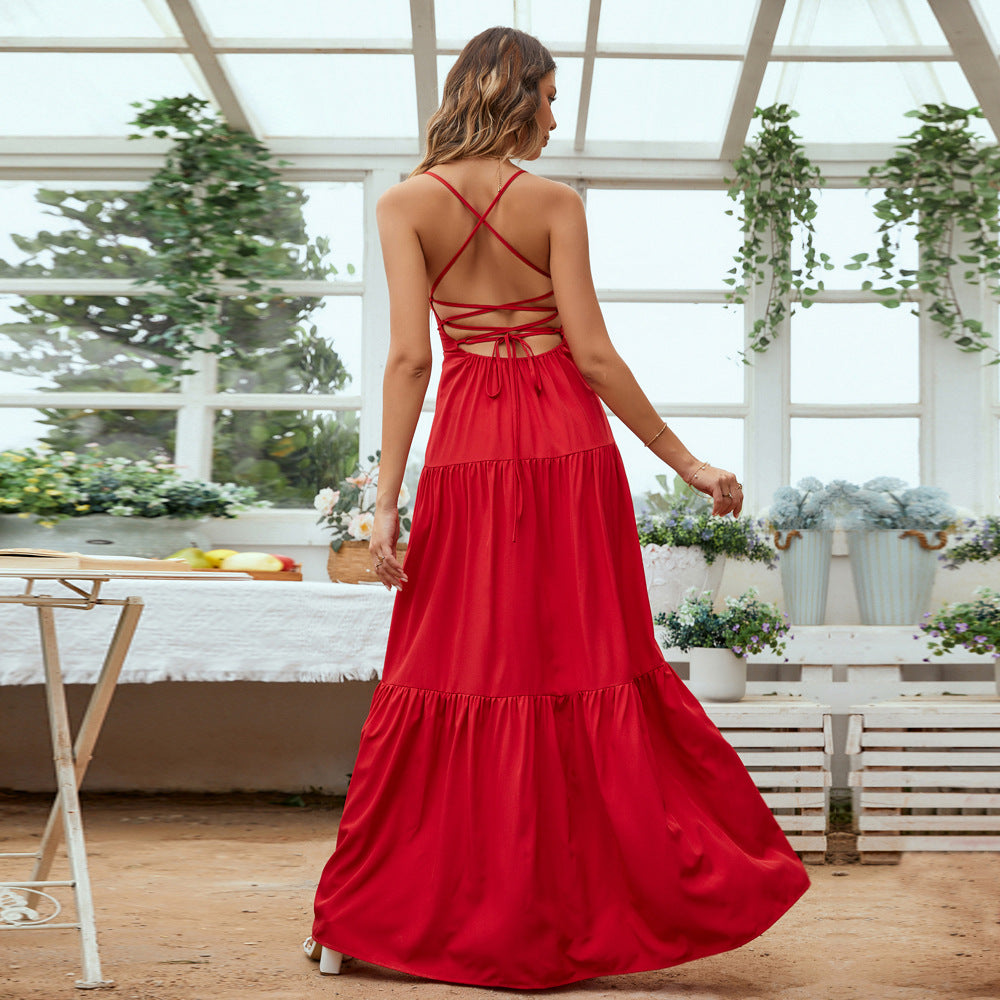Women’s Evening Gown – Satin Look – Tiered Skirt – Backless – Spaghetti Straps