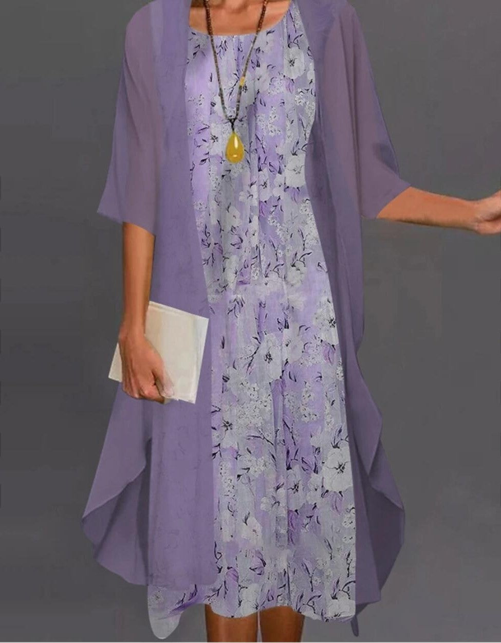 Women’s Dress Set – Relaxed Fit – Chiffon Sheer Overlay – Midi Length – Floral Layers