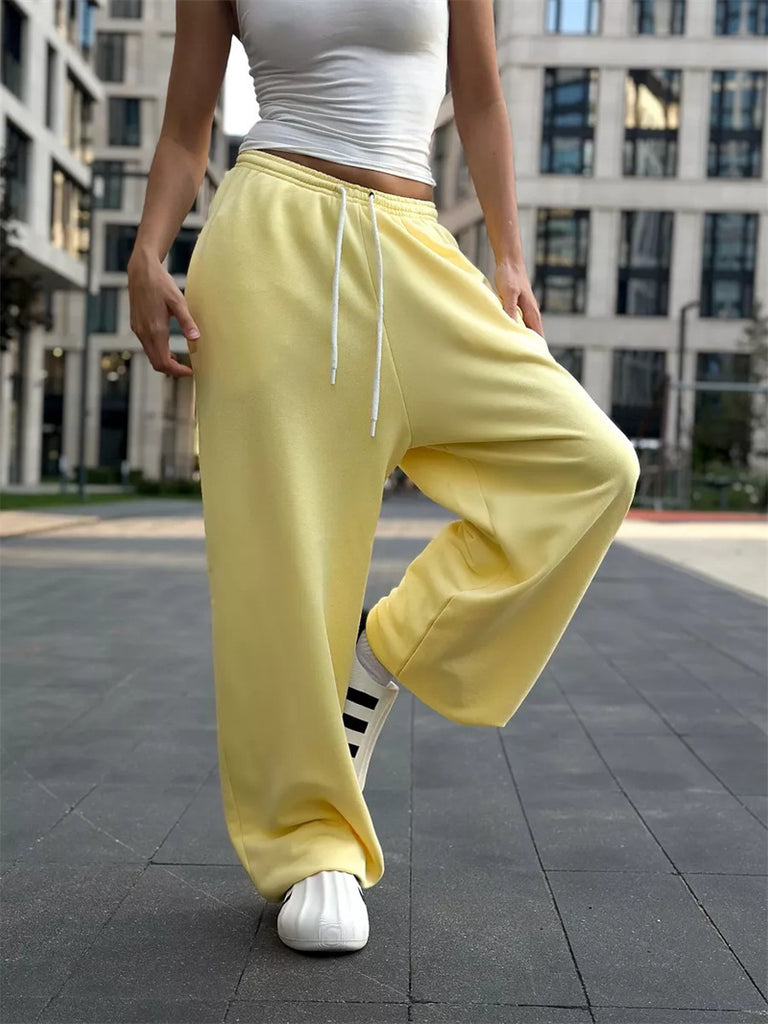 Women’s Wide Leg Trousers – Relaxed Fit – Soft Knit – Drawstring Waist – Full Length
