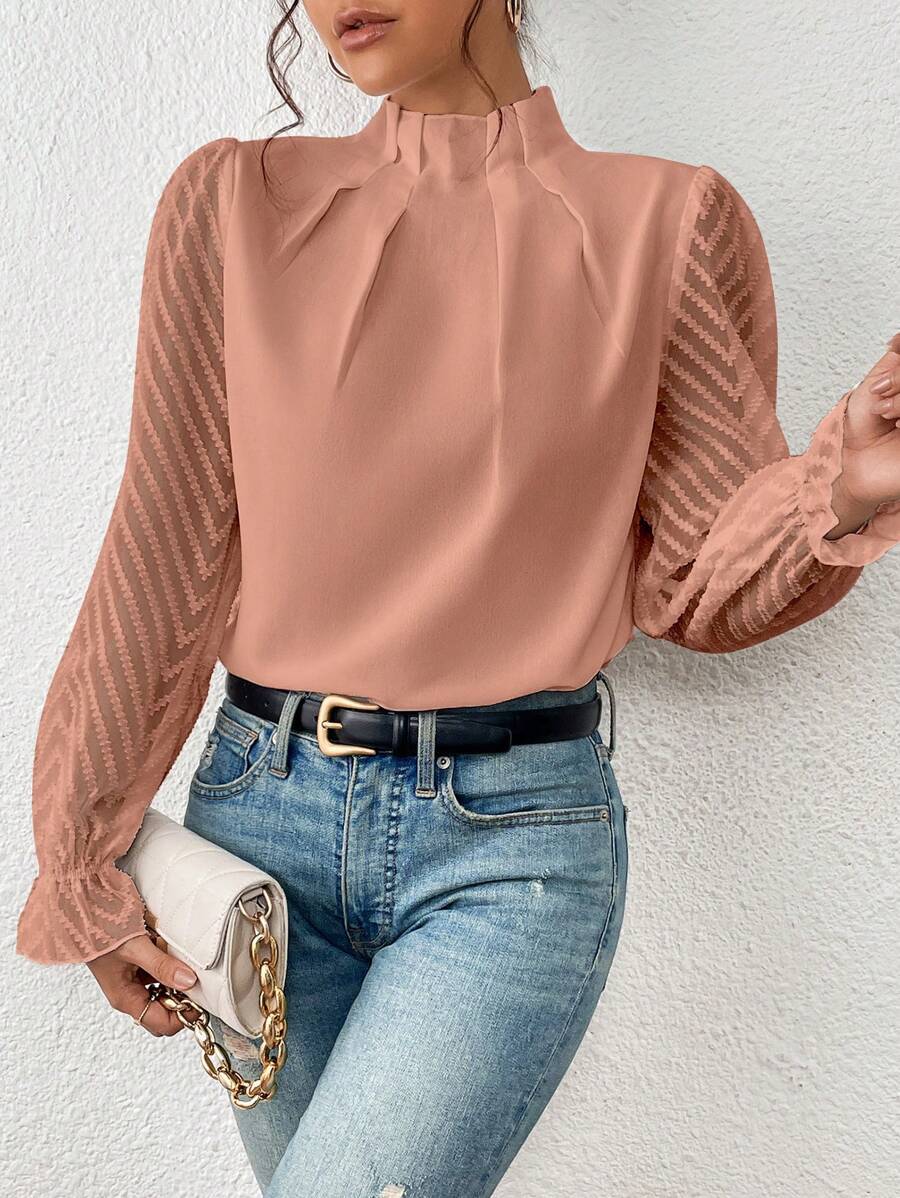 Women’s Blouse – Relaxed Fit – High Neck – Sheer Sleeves – Soft Silk Feel
