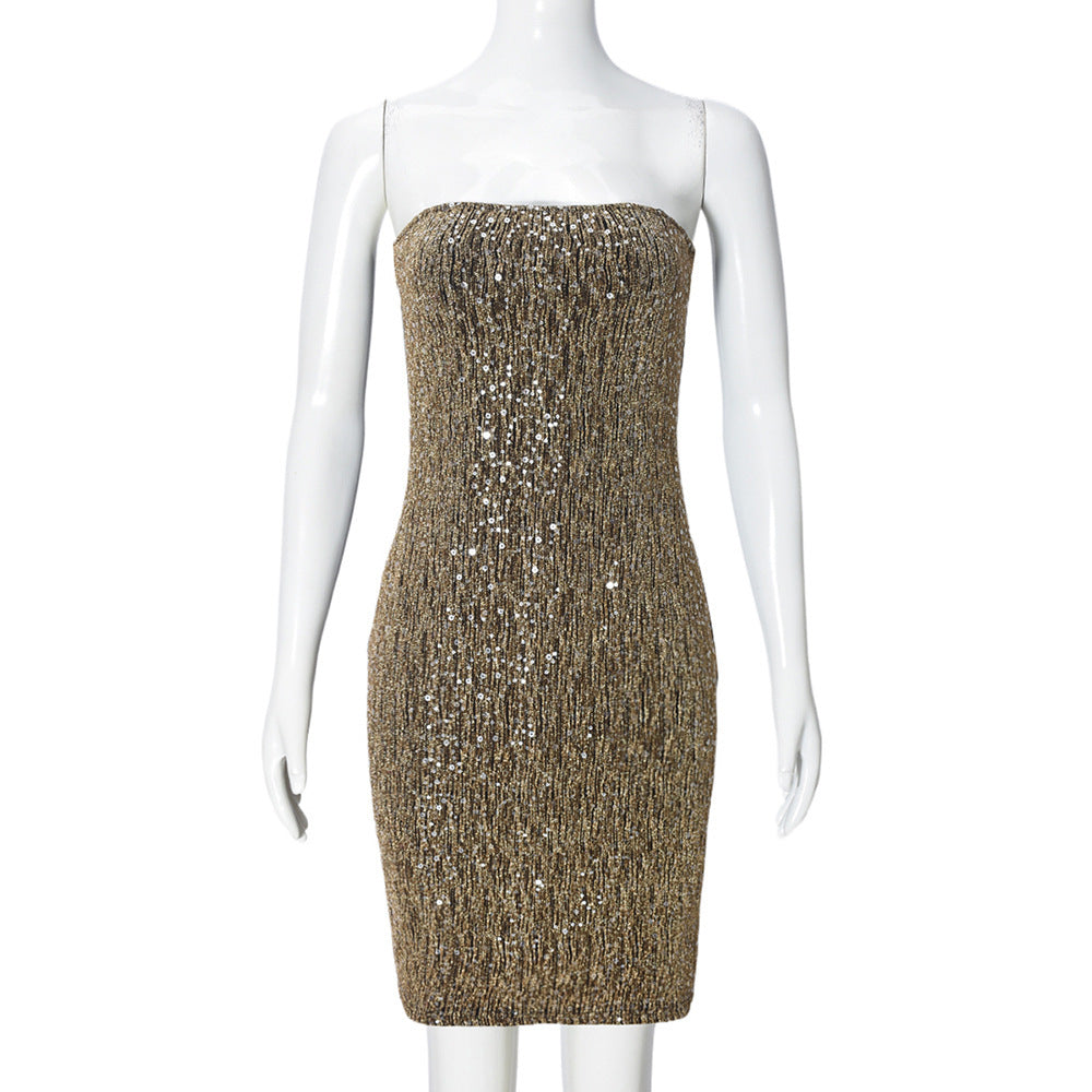 Women’s Mini Dress – Strapless Slim Fit – Allover Sequins – Evening Party Wear