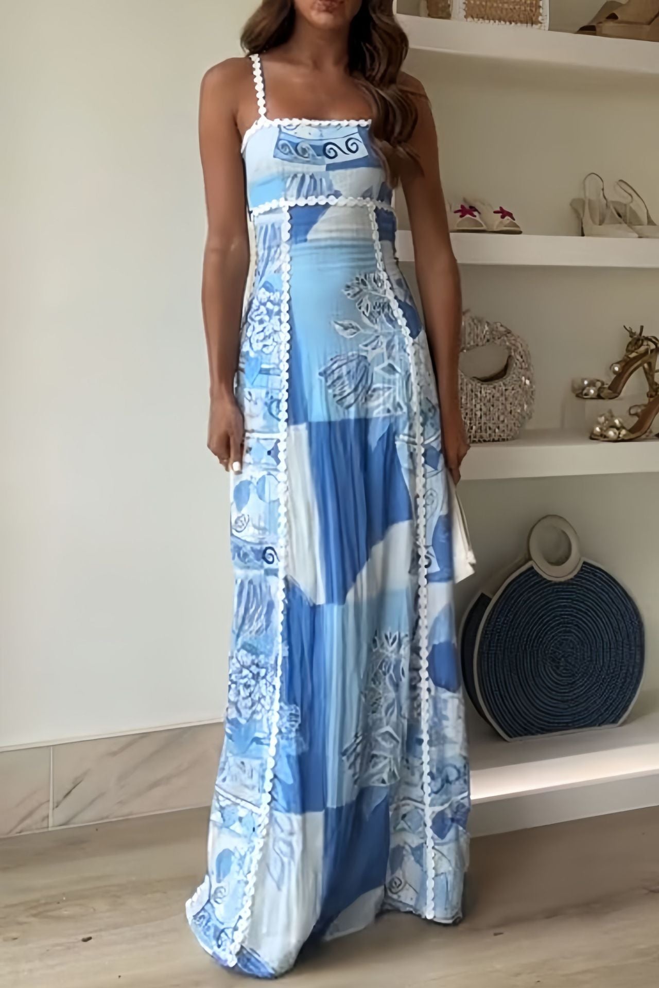 Women’s Maxi Dress – Flowy A-Line Fit – Lace Trim – Boho Floral Print – Sleeveless