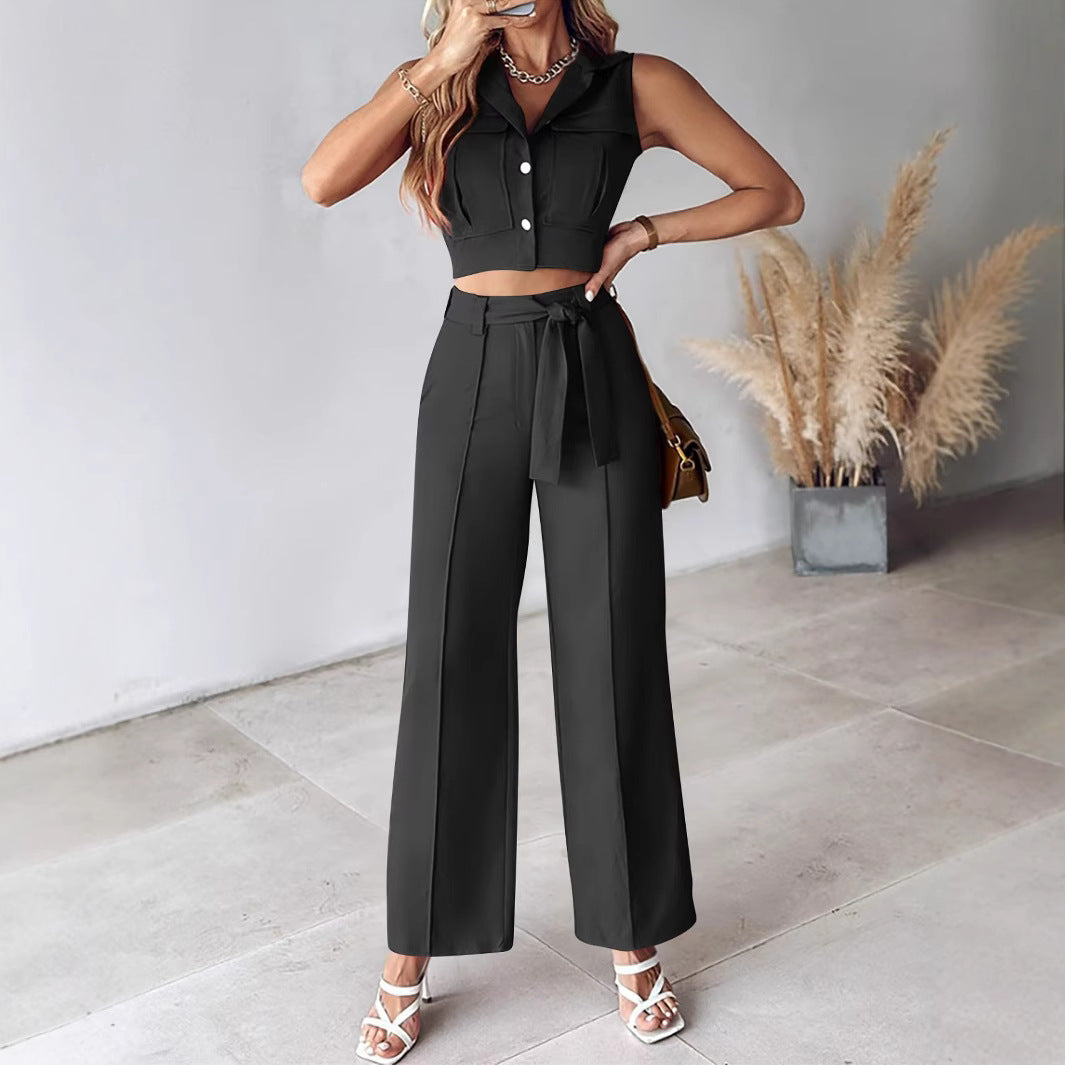 Women’s Pant Set – Sleeveless Button-Up Crop Top – Wide Leg High Waist Trousers – Belted Fit