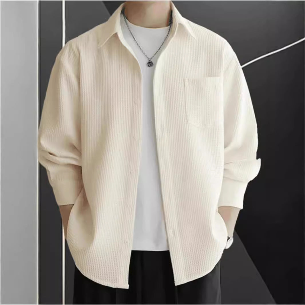 Men’s Long Sleeve Shirt – Waffle Knit – Oversized Fit – Button-Up Casual Layer