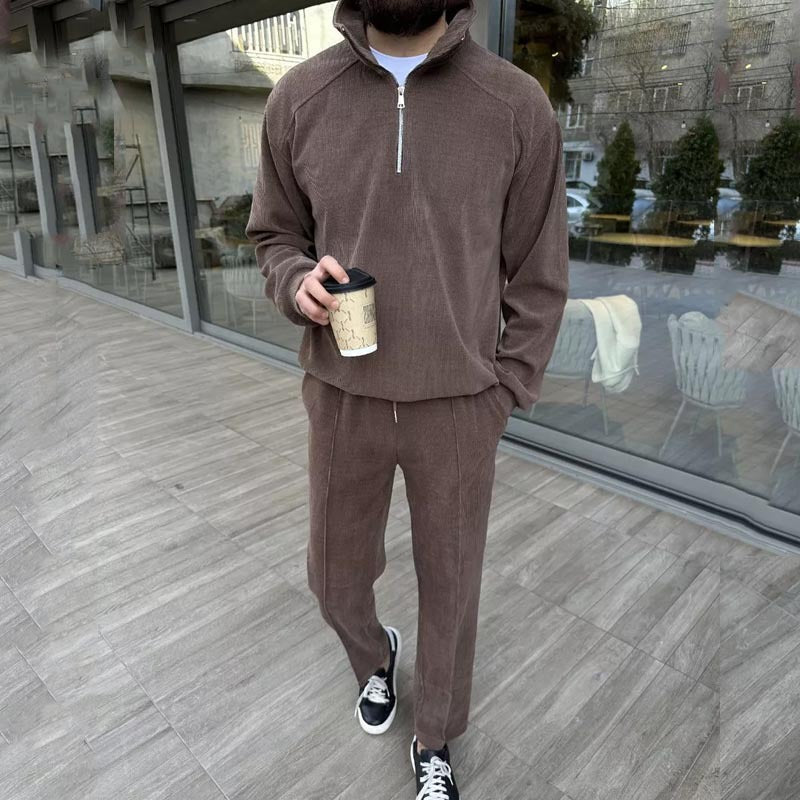 Men’s Lounge Set – Relaxed Fit – Half-Zip Jacket – Cotton Blend – Full Length Pants