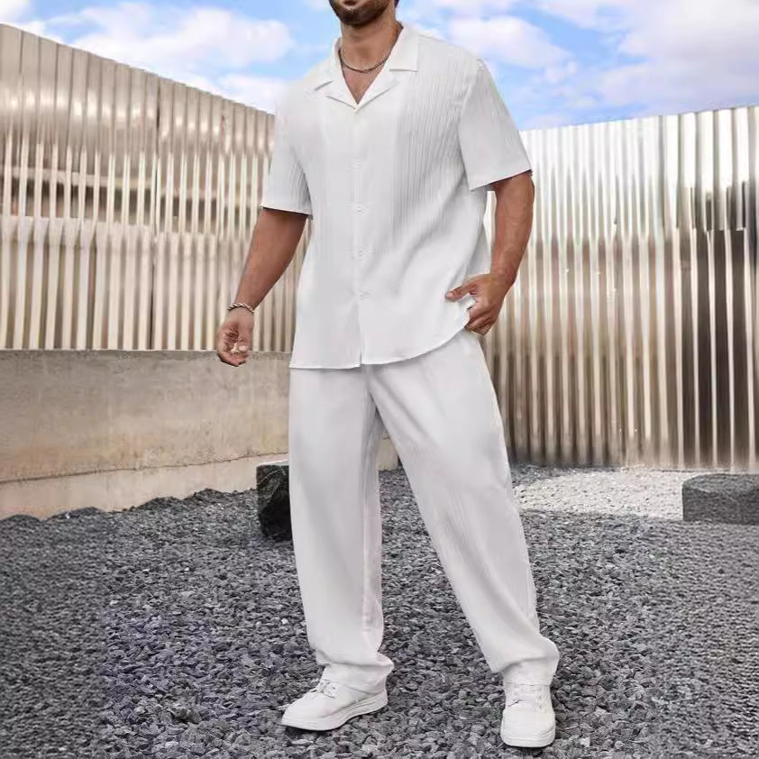 Men’s Casual Suit Set – Cotton Linen Blend – Relaxed Fit – Short Sleeve Shirt & Pants