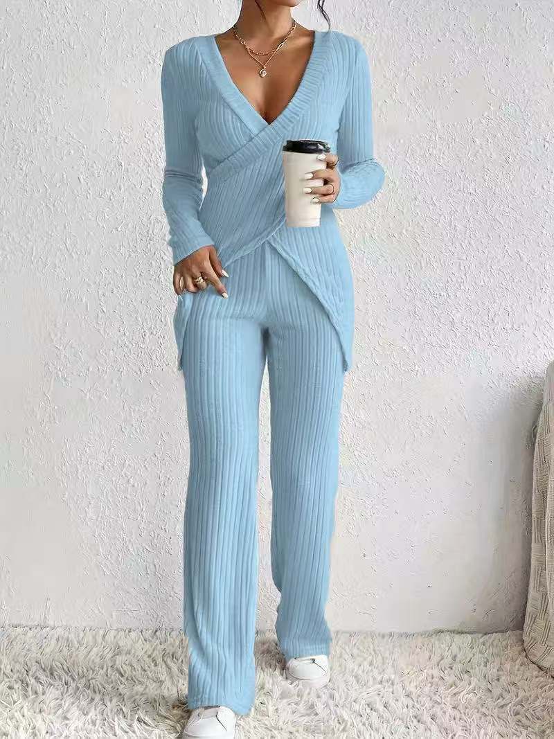 Women’s Two-Piece Set – Ribbed Knit – Wrap V-Neck Top – Relaxed Fit Pants