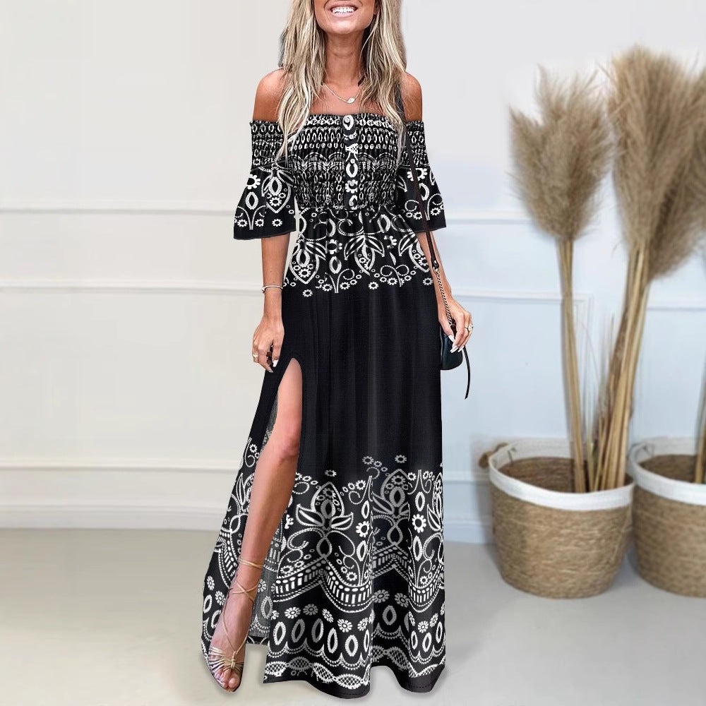Women’s Maxi Dress – Off-Shoulder – High Slit – Printed Lightweight Fabric