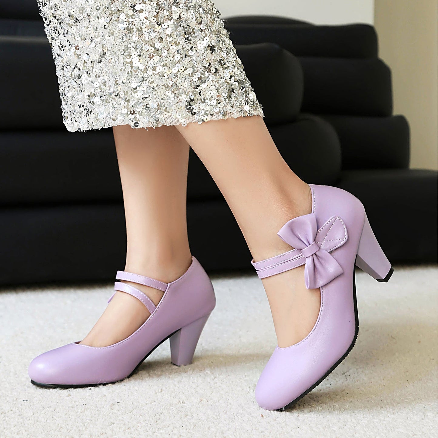 Women’s High Heel Shoes – Dual Strap – Bow Detail – Low-Cut Vamp – Sleek Finish