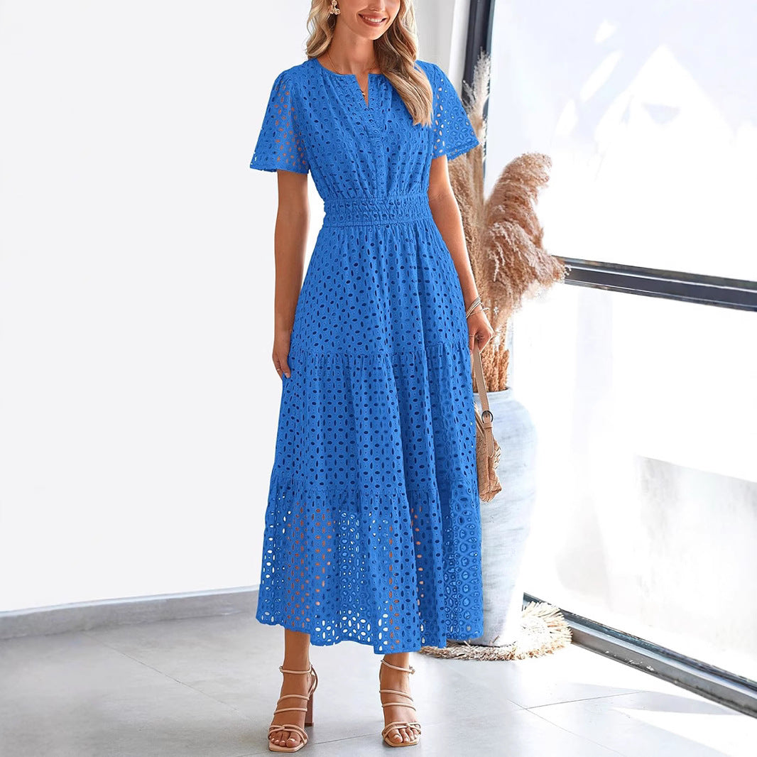 Women’s Long Dress – Embroidered Lace – V-Neck – Short Sleeve – Relaxed Fit