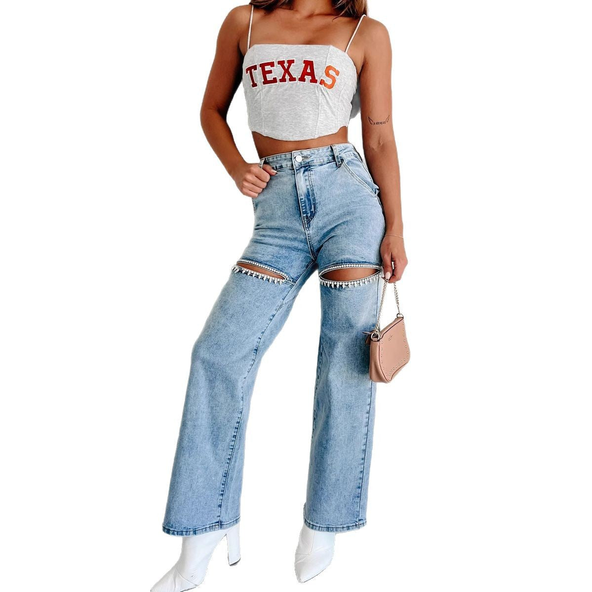 Women’s Straight-Leg Jeans – High Waist – Distressed Thigh – Chain Detail – Full Length