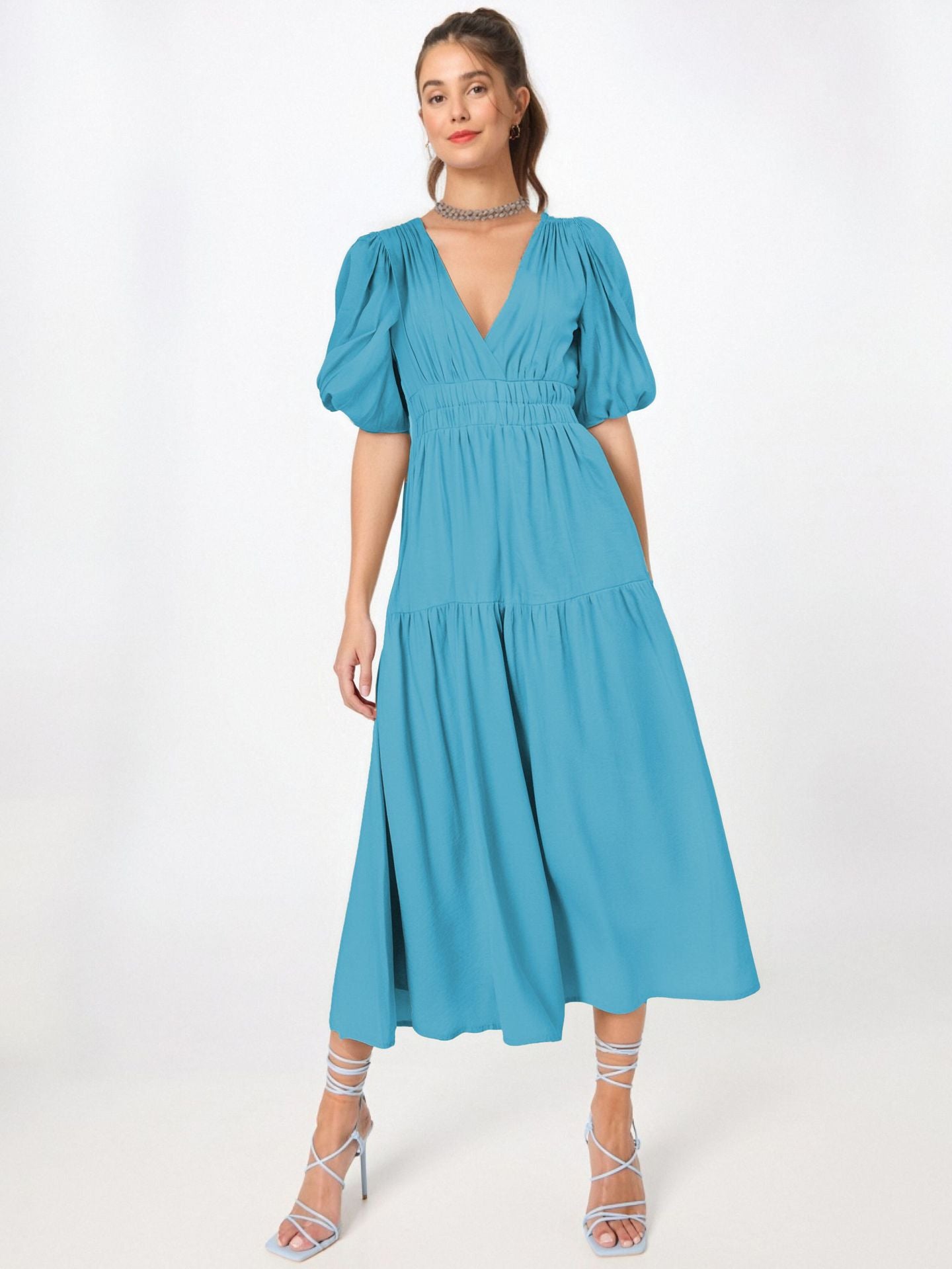 Women’s Midi Dress – Fitted Waist – Puff Sleeves – Tiered Skirt – V-Neckline