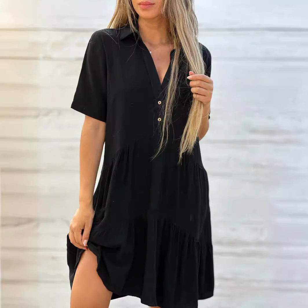 Women’s Casual Dress – Natural Fibers – Relaxed Fit – Tiered – Collared – Short Sleeve