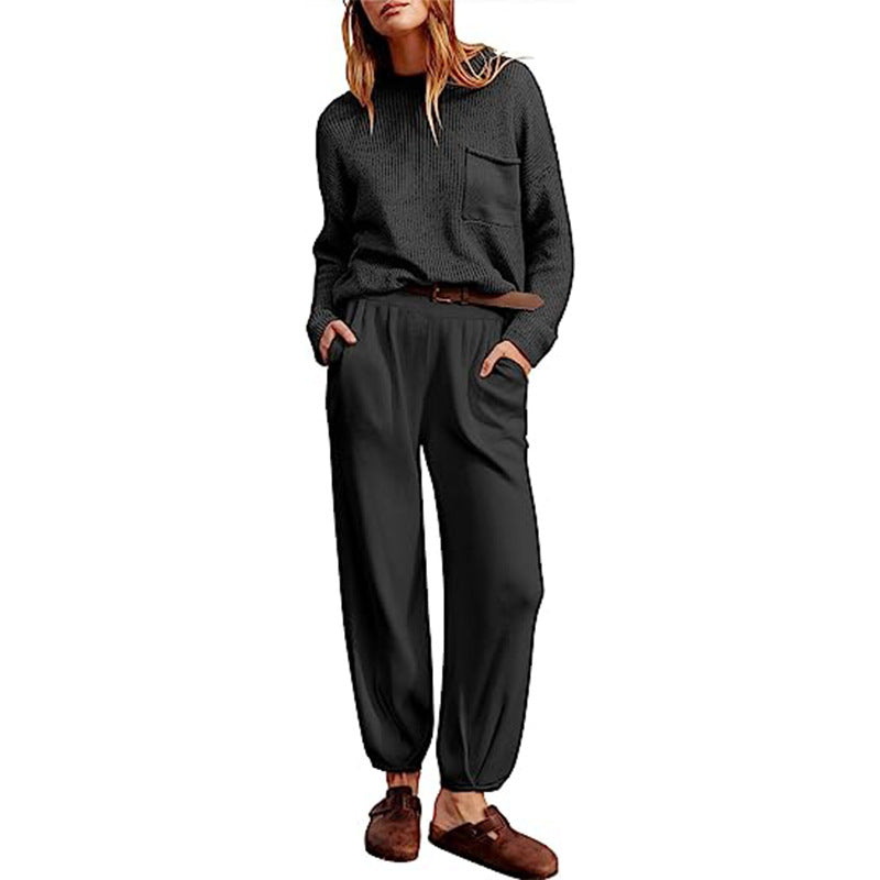 Women’s Two-Piece Set – Soft Knit Top – Elastic Waist Joggers – Relaxed Fit