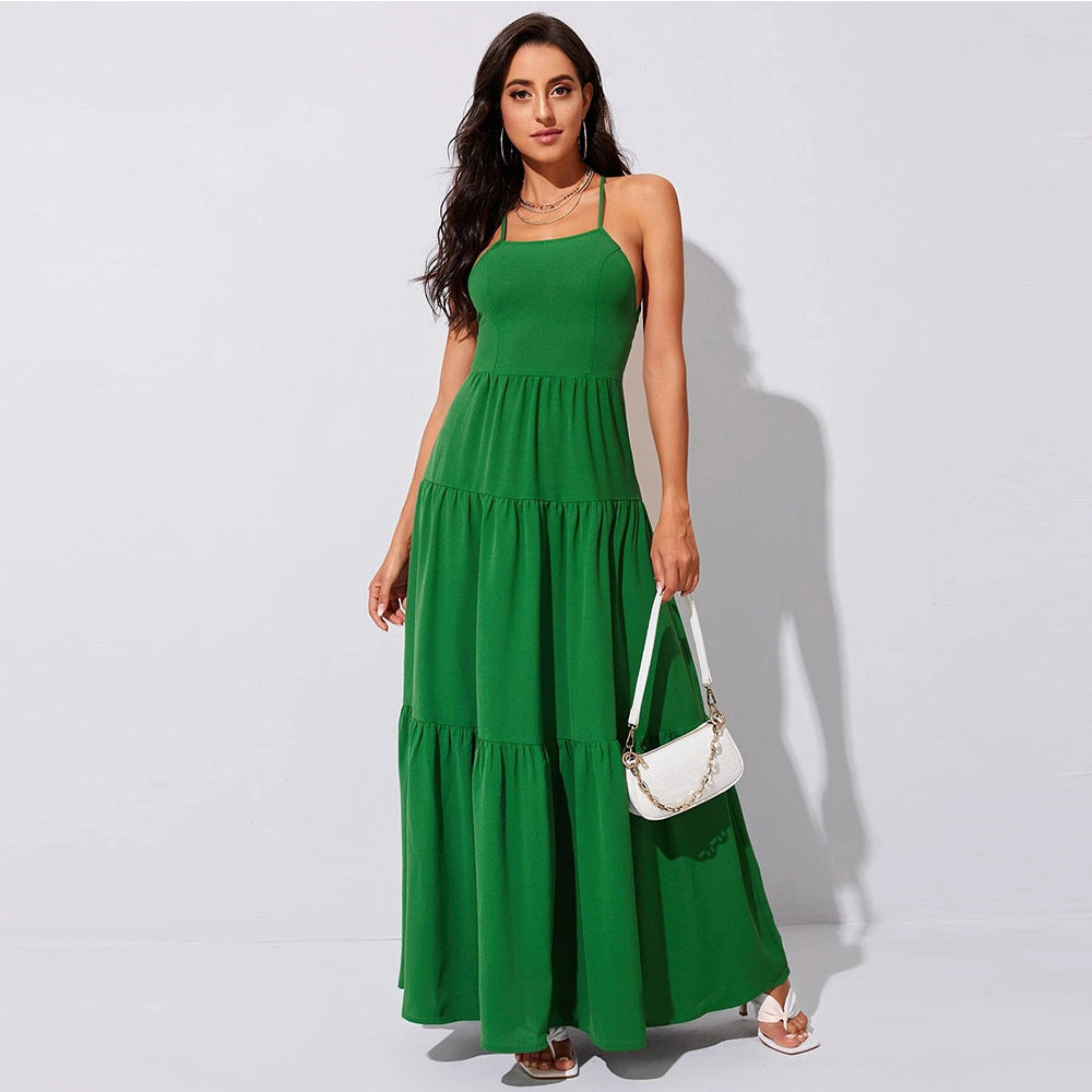 Women’s Evening Gown – Satin Look – Tiered Skirt – Backless – Spaghetti Straps