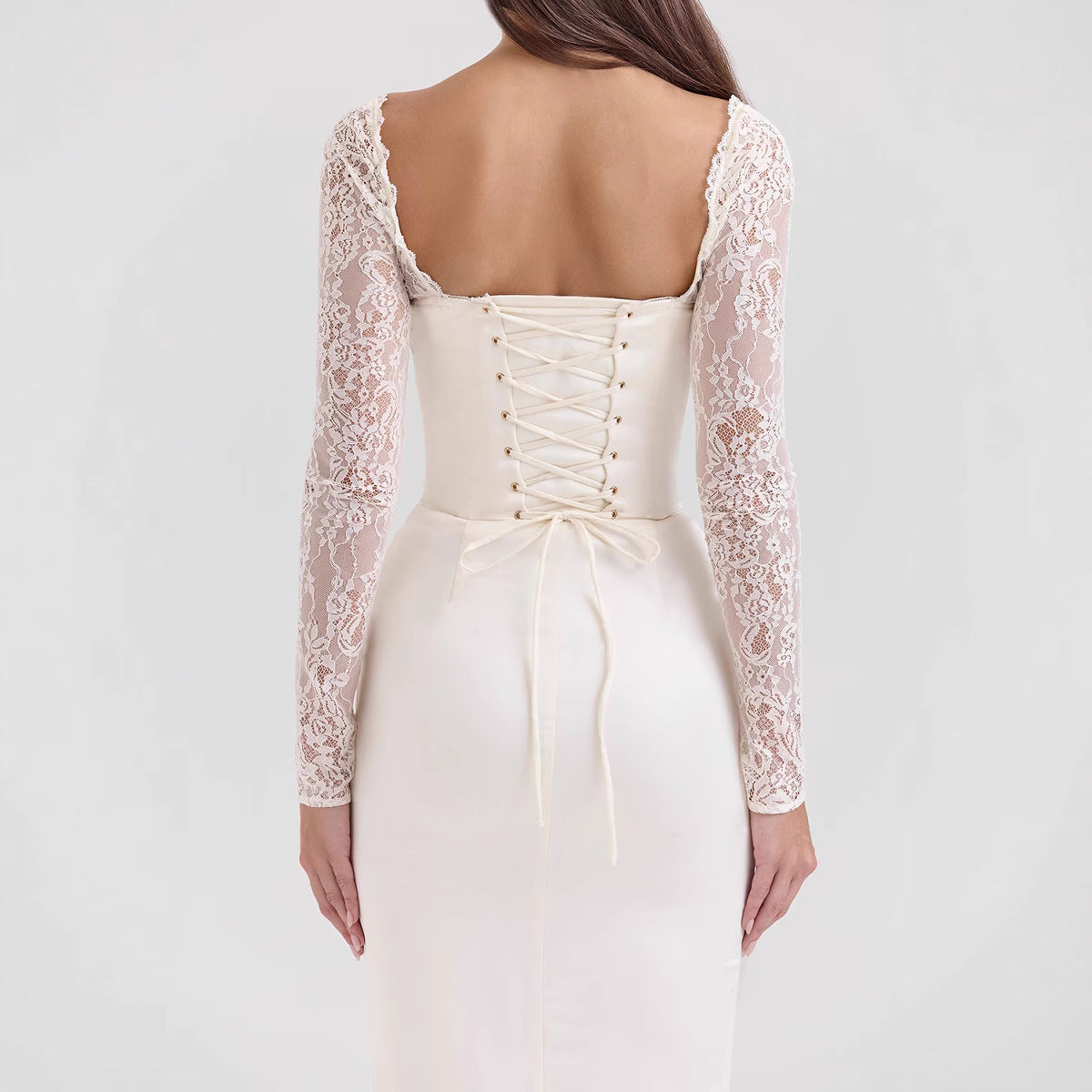 Women’s Evening Dress – Satin Bodycon Fit – Lace Long Sleeves – Sweetheart Neckline