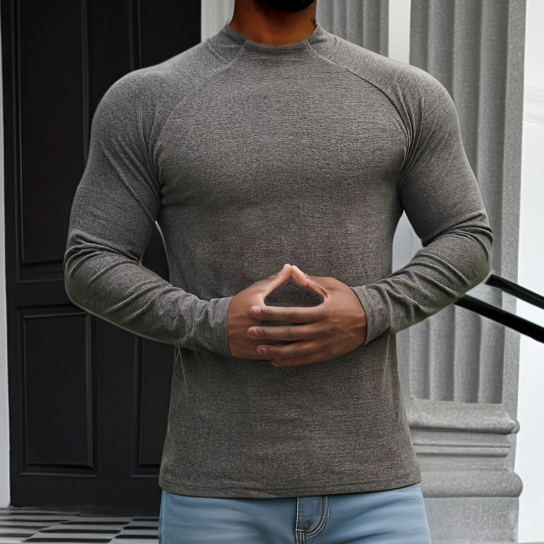 Men’s Long Sleeve T-Shirt – Slim Fit – Soft Stretch – Crew Neck – Raglan Sleeve