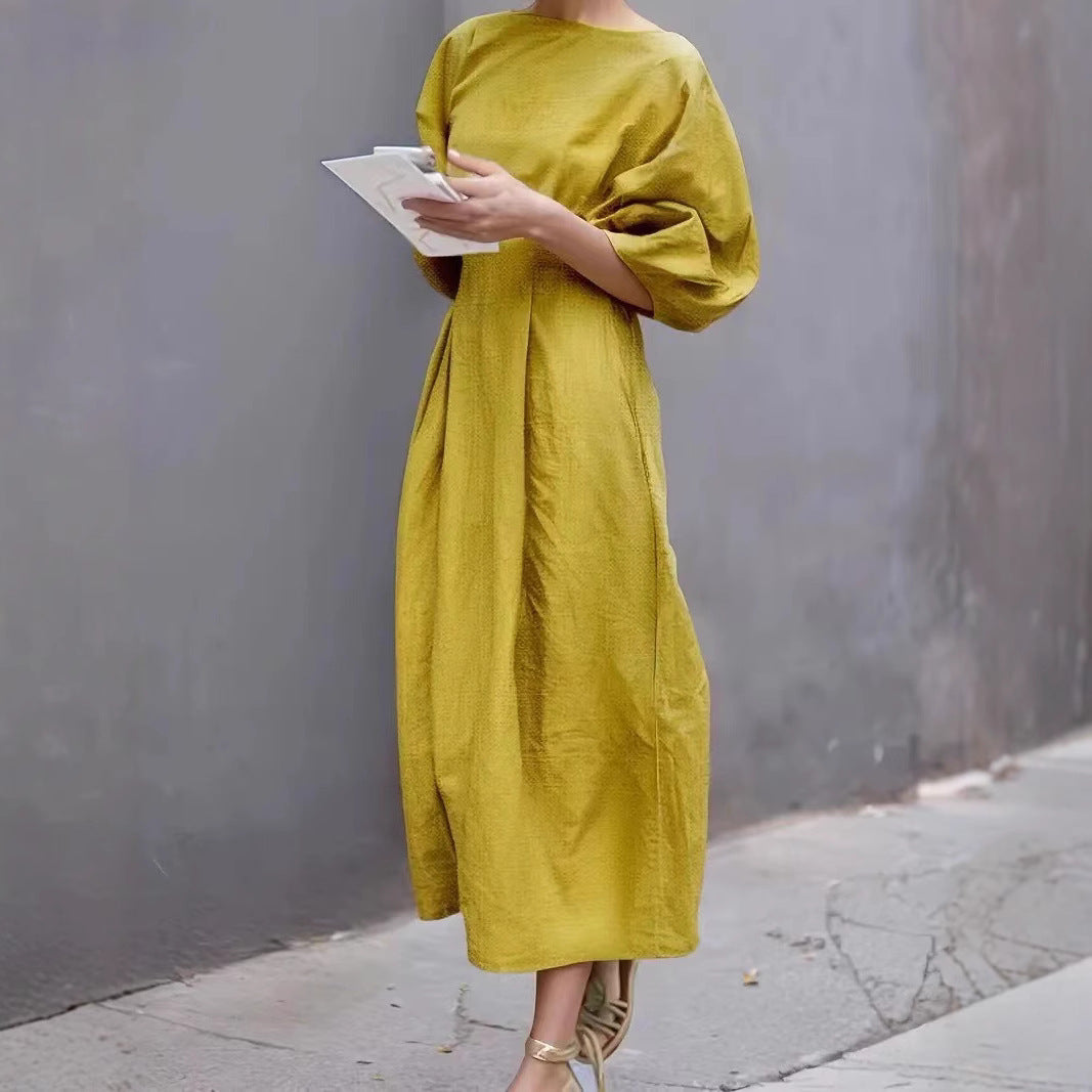 Women’s Long Dress – Loose Fit – Puff Sleeves – Round Neck – Lightweight Casual Wear