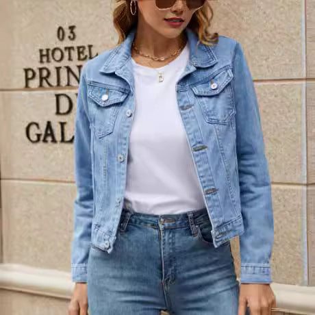 Women’s Denim Jacket – Slim Fit – Cropped Length – Button Front – Shirt Collar
