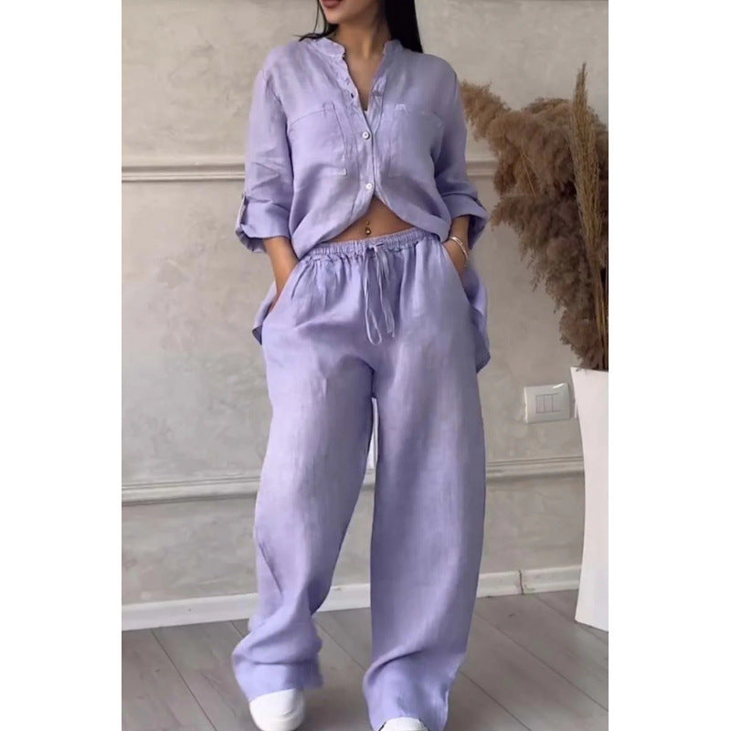 Women’s Shirt and Pants Set – Linen Blend – Relaxed Fit – Wide Leg – Button Down Top