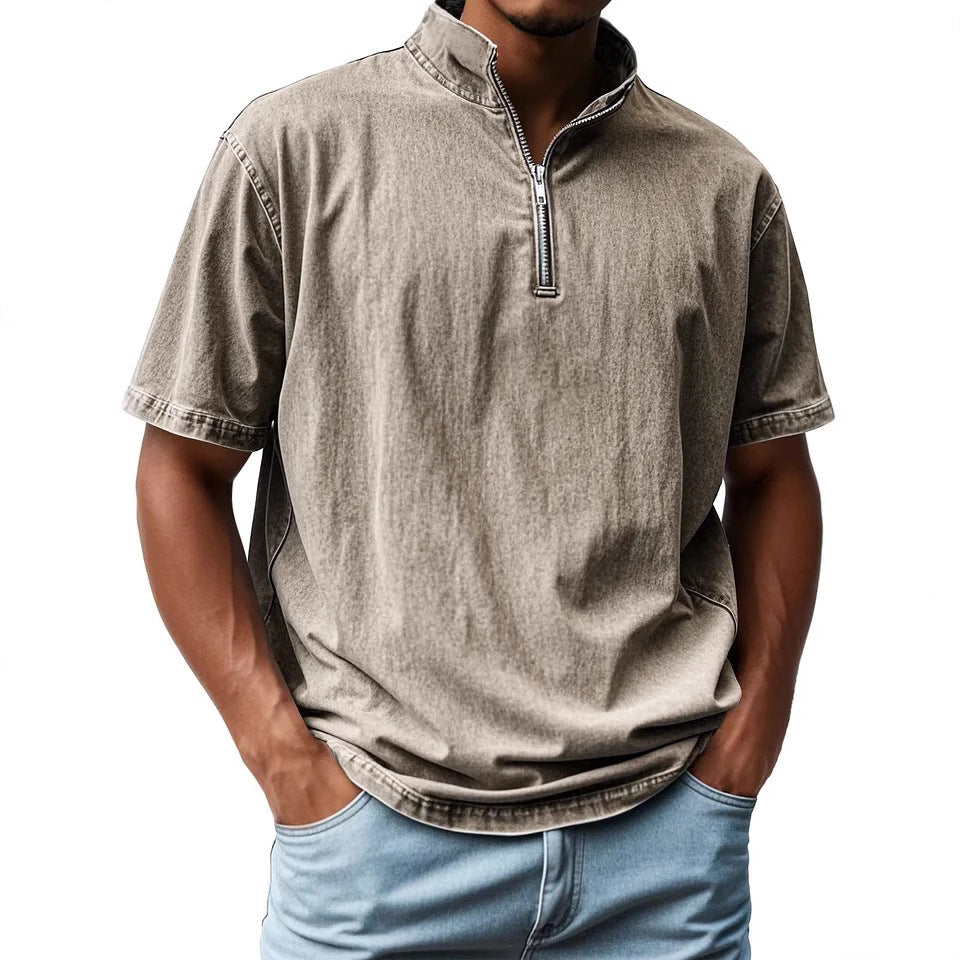 Men’s Short Sleeve Shirt – Fitted Cut – Stand Collar – Zip Front – Breathable Blend