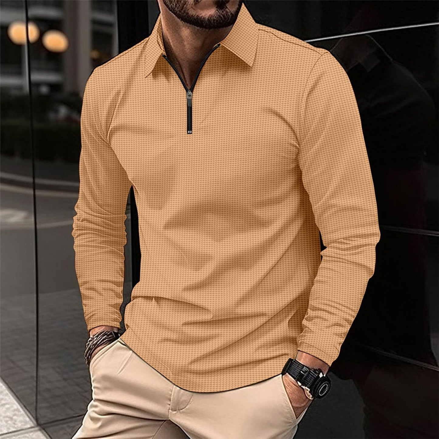 Men’s Long Sleeve Athletic Shirt – Slim Fit – Zip Collar – Stretch Fabric