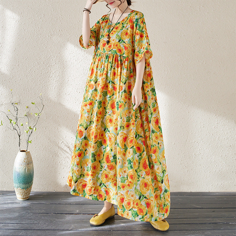 Women’s Long Dress – Floral Print – Loose Fit – Cotton Blend – 3/4 Sleeve Maxi