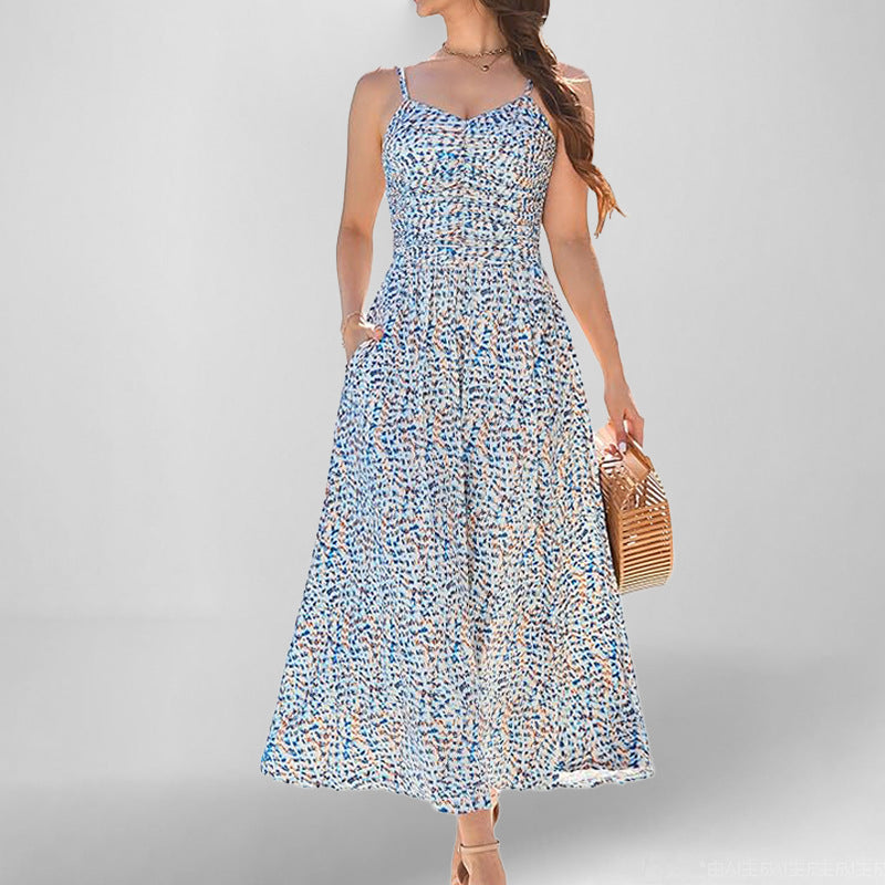 Women’s Sundress – A-Line Fit – Shirred Bodice – Floral Print – Spaghetti Straps – Midi Length – Pockets