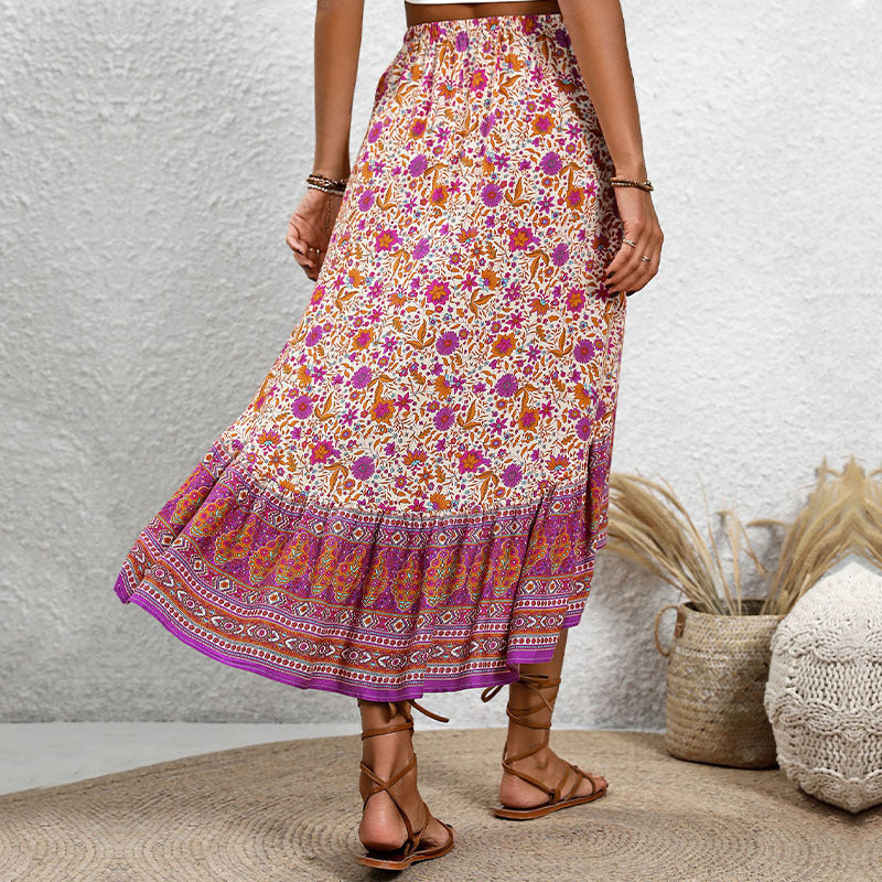 Women’s Midi Skirt – Floral Paisley Print – Tiered Relaxed Fit – Elastic Waistband