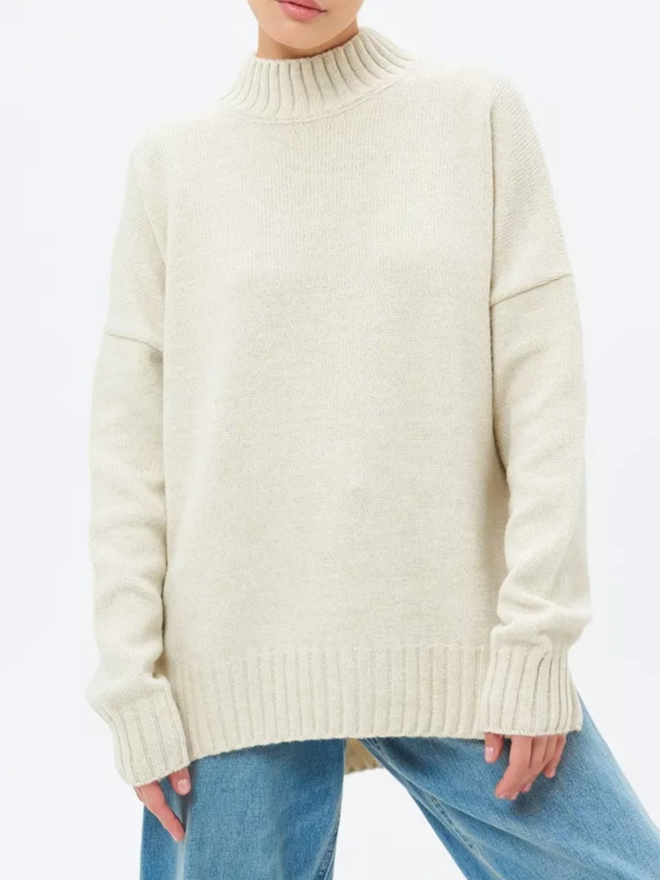 Women’s Pullover Sweater – Soft Ribbed Knit – Oversized Fit – Semi-High Neck – Casual