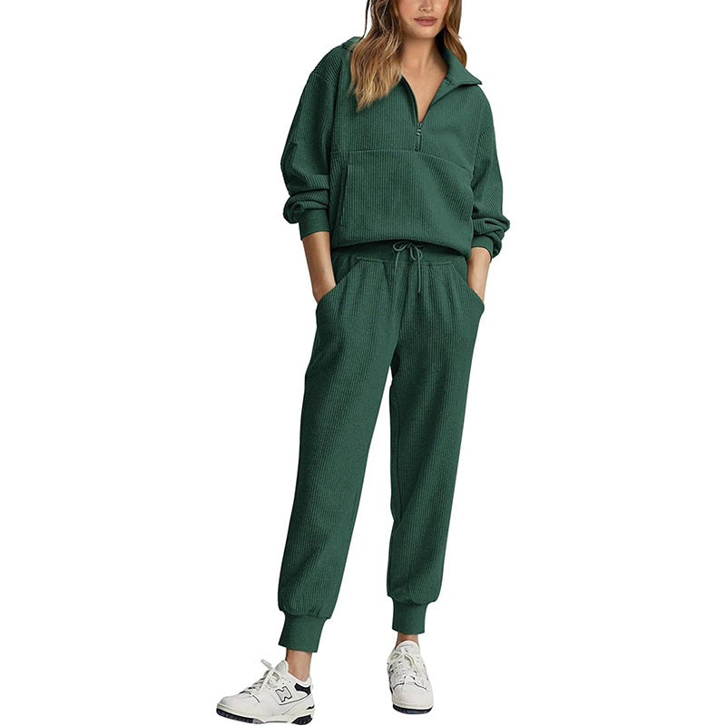 Women’s Tracksuit Set – Relaxed Fit – Half Zip Top – Drawstring Pants