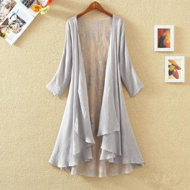 Women’s Mid-Length Cardigan – Loose Fit – Open Front – Lace Back – Breathable Blend
