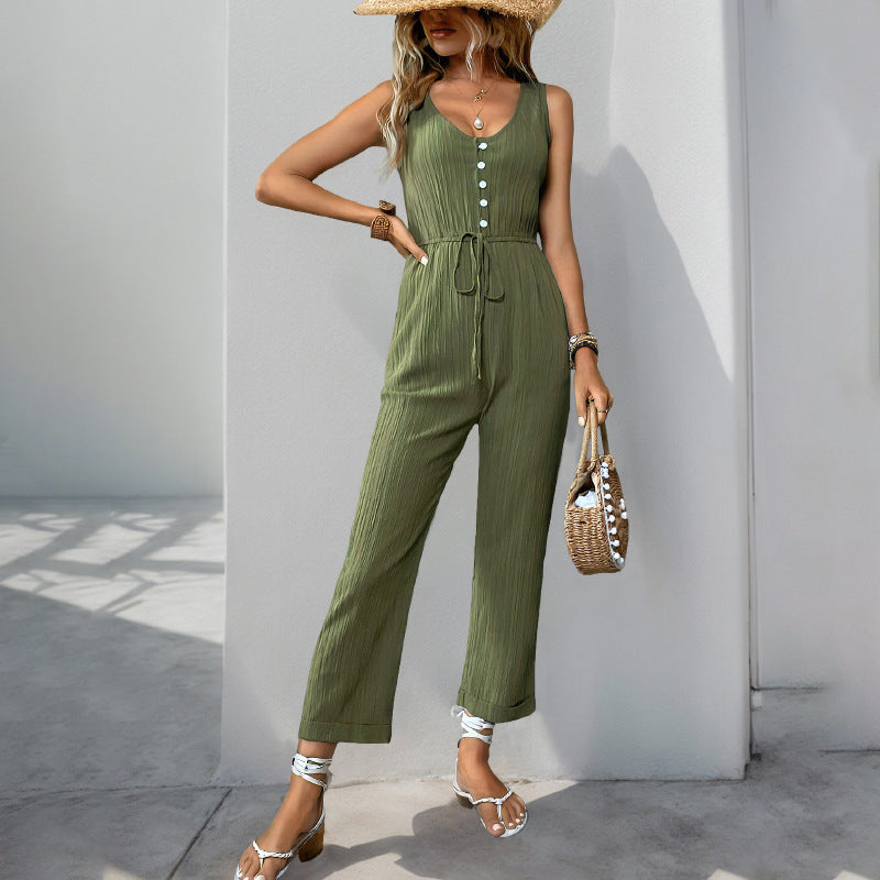 Women’s Jumpsuit – Textured Fabric – Sleeveless V-Neck – Relaxed Fit – Belted Waist