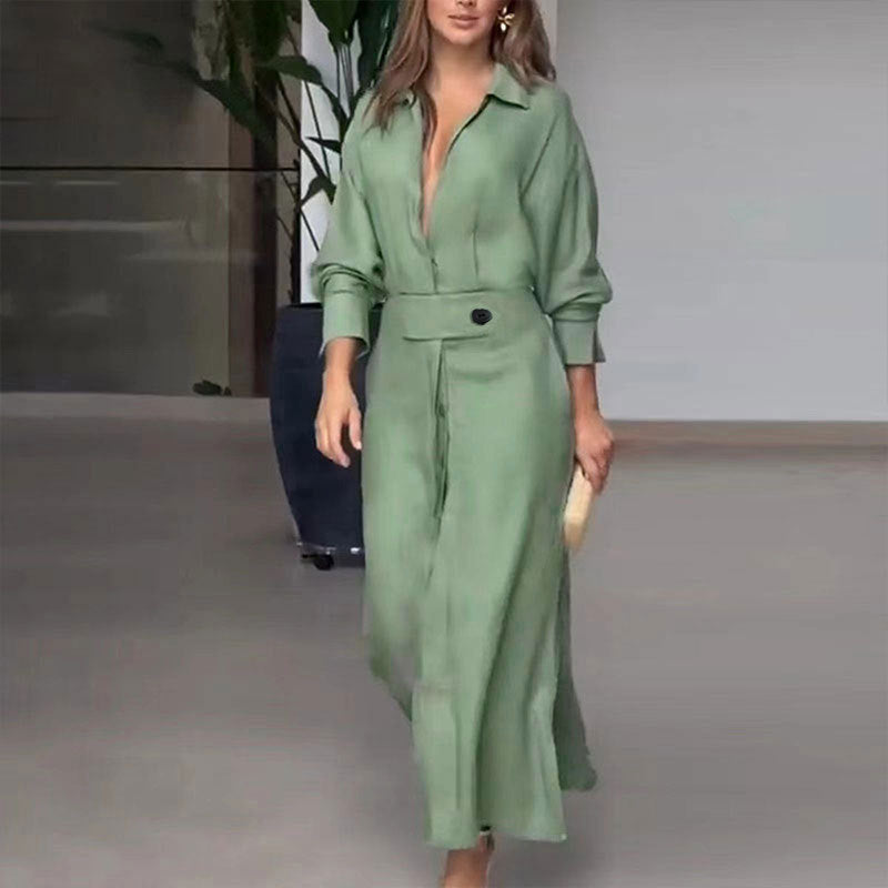 Women’s Shirt Dress – Tailored Fit – V-Neck – Linen – Asymmetrical Hem – Long Sleeve