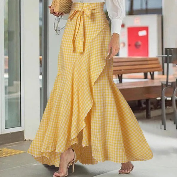 Women’s Full-Length Skirt – High Waist Wrap – Ruffle Hem – Elegant Flared Fit