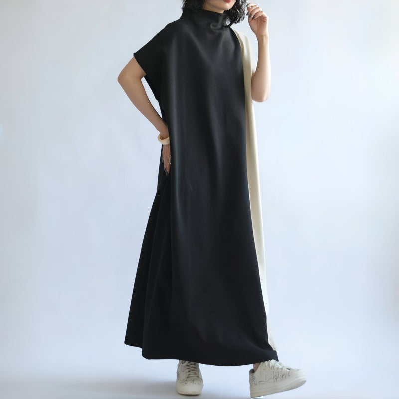 Women’s Midi Dress – Loose Fit – Half Turtleneck – Batwing Sleeves – Two-Tone Design