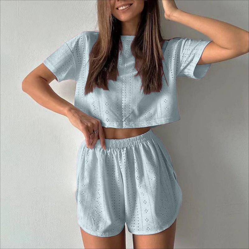 Women’s Two-Piece Set – Cotton Blend – Relaxed Fit – Perforated Crop Top & Shorts
