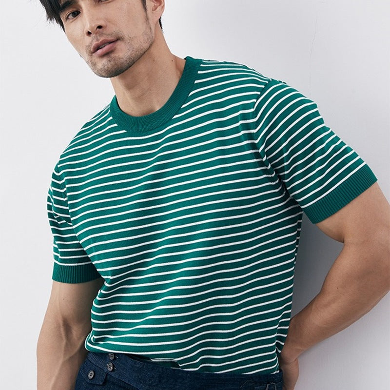 Men’s T-shirt – Slim Fit – Knit Cotton Blend – Horizontal Stripe – Ribbed Trim