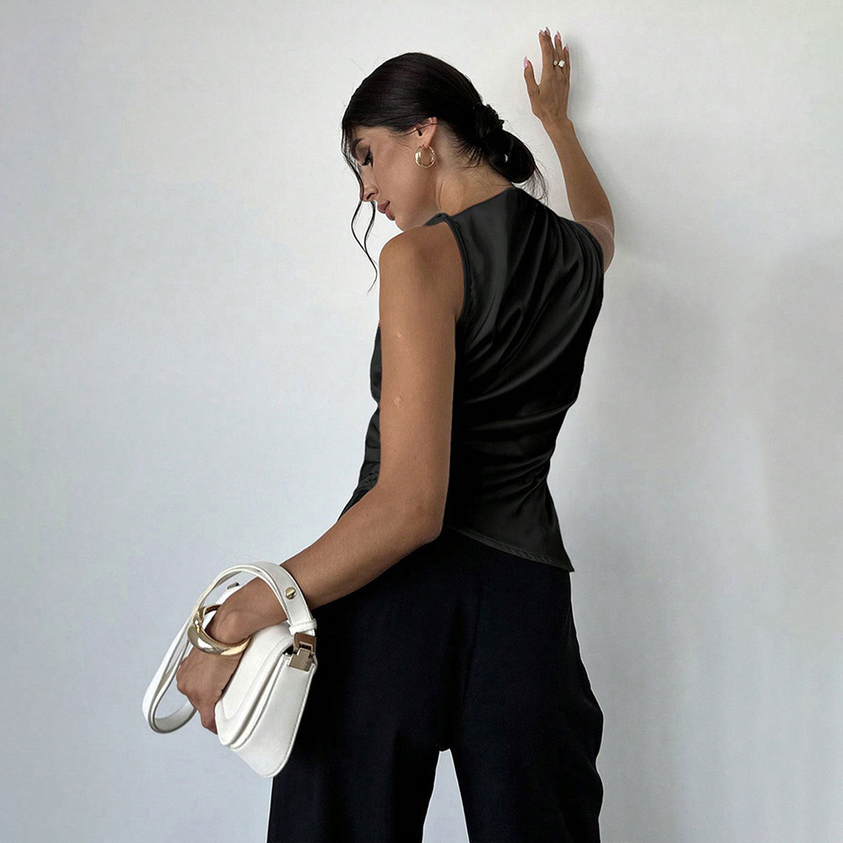 Women’s Sleeveless Blouse – Slim Fit – High Neck – Draped Front – Luxury Fabric